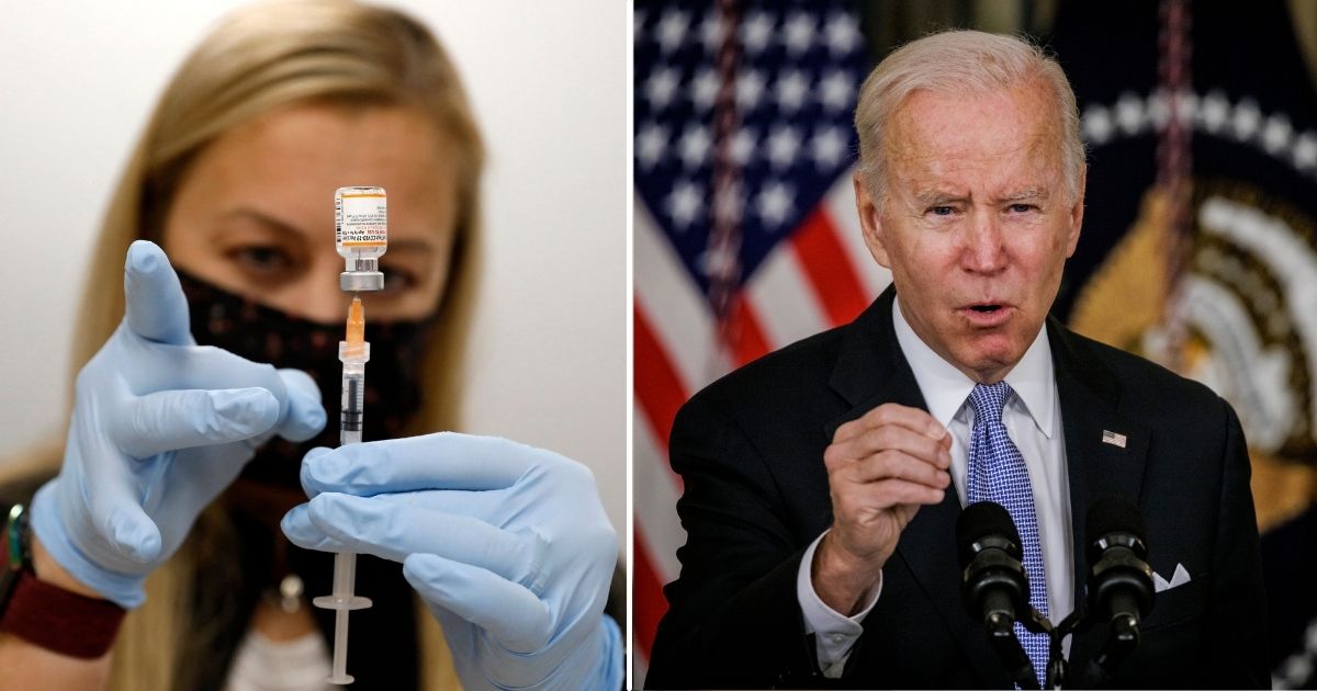 A nurse fills a syringe with the Pfizer COVID-19 vaccine in Southfield, Michigan, on Friday. President Joe Biden, right, speaks during a news conference at the White House on Saturday in Washington, D.C.