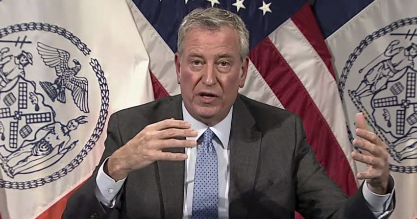 In an image taken from video, New York Mayor Bill de Blasio speaks during a virtual news conference Thursday in New York.