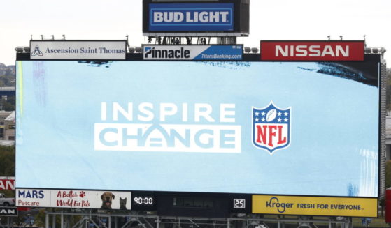The NFL's social justice logo is displayed before a game between the Tennessee Titans and the Houston Texans on Oct. 18, 2020, in Nashville, Tennessee.