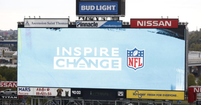 The NFL's social justice logo is displayed before a game between the Tennessee Titans and the Houston Texans on Oct. 18, 2020, in Nashville, Tennessee.