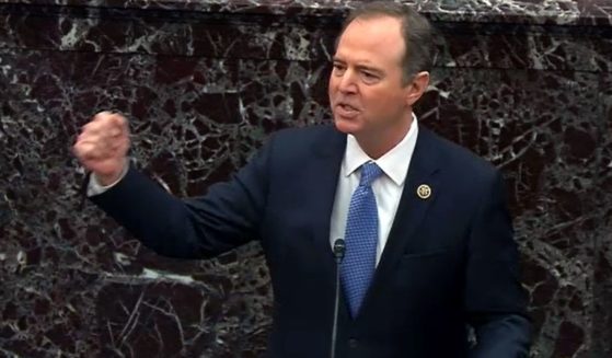 California Democrat Rep. Adam Schiff is seen in a screen grab taken from a Senate Television webcast, during impeachment proceedings Jan. 30 in the Senate chamber at the U.S. Capitol in Washington, DC. Schiff reportedly altered a text exchange before presenting the information Monday to the committee investigating the Jan. 6 capitol breach.