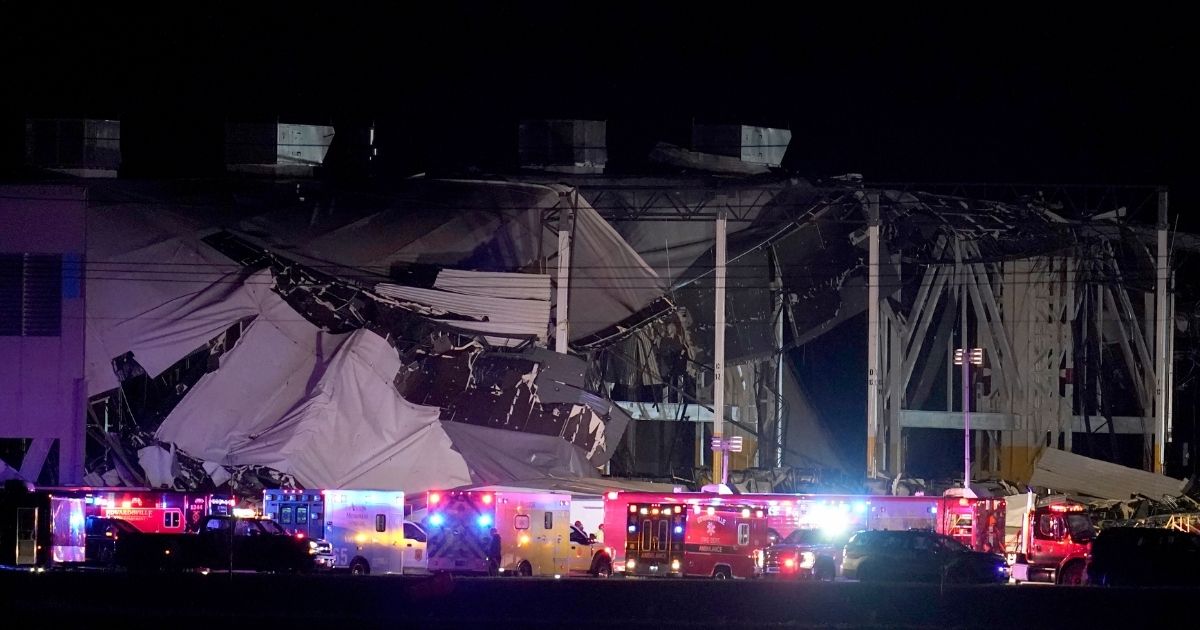 An Amazon distribution center is heavily damaged after a tornado moved through the Edwardsville, Illinois, area Friday. At least two people were confirmed dead.