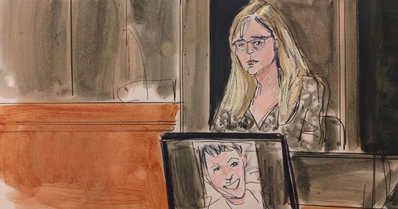 A courtroom sketch artist depicts Annie Farmer, one of Jeffrey Epstein and Ghislaine Maxwell's accusers, on the witness stand during the trial of Maxwell, whose sketch can be seen at the bottom of the drawing.