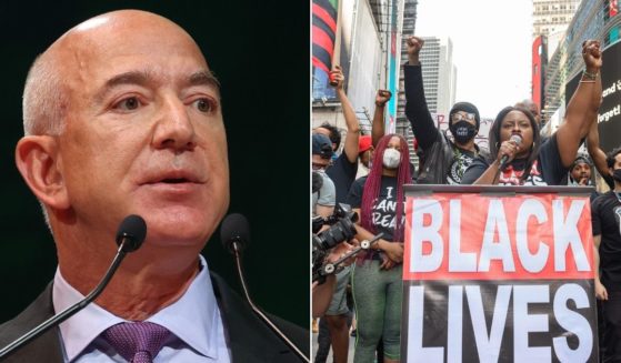 At left, Amazon founder Jeff Bezos speaks during the U.N. Climate Change Conference in Glasgow, Scotland, on Nov. 2. At right, Black Lives Matter activists speak during a rally in New York's Times Square on June 7, 2020.