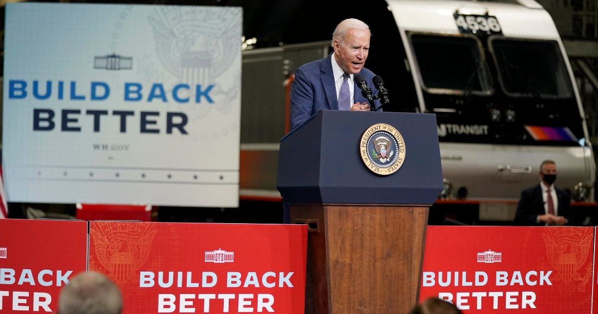 President Joe Biden gives a speech at the NJ Transit Meadowlands Maintenance Complex in Kearny, New Jersey to promote his "Build Back Better" infrastructure bill on Oct. 25.