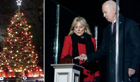President Joe Biden, right, and his wife Dr. Jill Biden flip the switch to to light the 2021 National Christmas Tree Thursday in Washington, D.C.