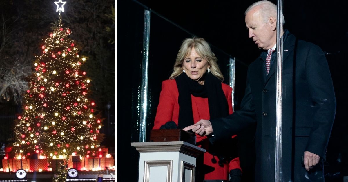 President Joe Biden, right, and his wife Dr. Jill Biden flip the switch to to light the 2021 National Christmas Tree Thursday in Washington, D.C.