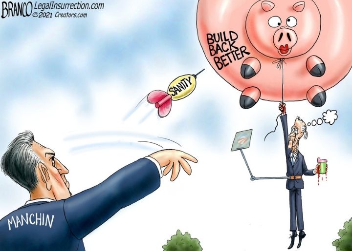 West Virginia Sen. Joe Manchin aims a dart at President Joe Biden's "Build Back Better" balloon.