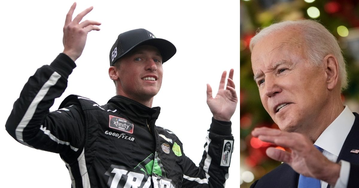 NASCAR driver Brandon Brown, left, was initially surprised at having his name used in a viral chant against President Joe Biden, but now he says he understands the reasons for the sentiment so many Americans are expressing.