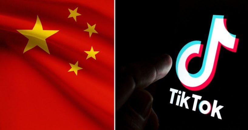 The Chinese flag is seen in the stock image on the left. The TikTok logo is seen in the stock image on the right