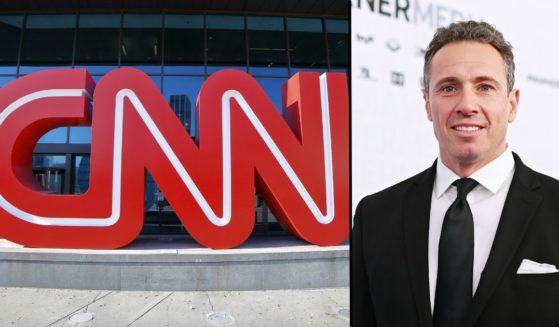 The CNN logo is seen in the stock image on the left. Chris Cuomo arrives on the red carpet at Madison Square Garden on May 15, 2019, in New York City.