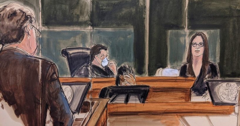 In a court sketch, Ghislaine Maxwell's first defense witness, Cimberly Espinosa, right, is asked a question by defense attorney Christian Everdell, left, on Thursday.