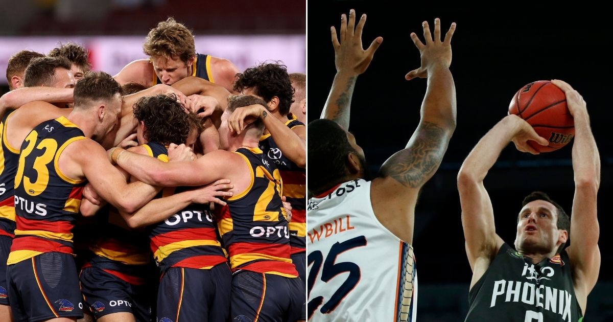 At left, the Adelaide Crows celebrate a goal against the North Melbourne Kangaroos at Adelaide Oval in Australia on Aug. 22. At right, Ben Madgen of the South East Melbourne Phoenix shoots the ball during an NBL match against the Cairns Taipans in Melbourne, Australia, on Dec. 15, 2019.