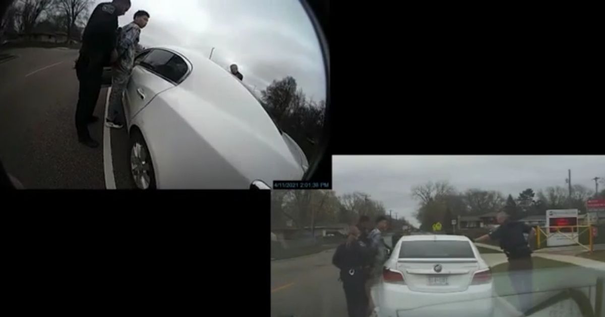 Police officers attempt to handcuff Daunte Wright in a video showing the scene from a police car dashcam and a police officer's bodycam. The video was shown as part of Kim Potter's manslaughter trial. Potter has said she intended to shoot Wright with a Taser, but grabbed her service weapon by mistake and fatally shot Wright.