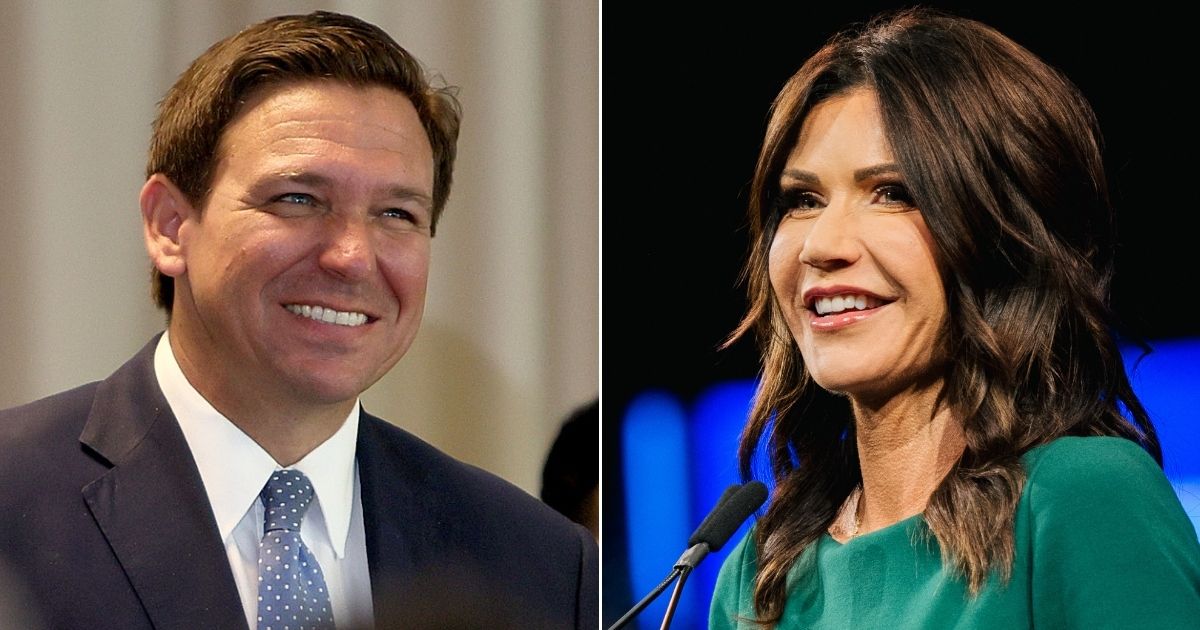 At left, Florida Gov. Ron DeSantis speaks during an event at the Grand Beach Hotel Surfside in Surfside, Florida, on Aug. 10. At right, South Dakota Gov. Kristi Noem speaks during the Conservative Political Action Conference at the Hilton Anatole in Dallas on July 11.