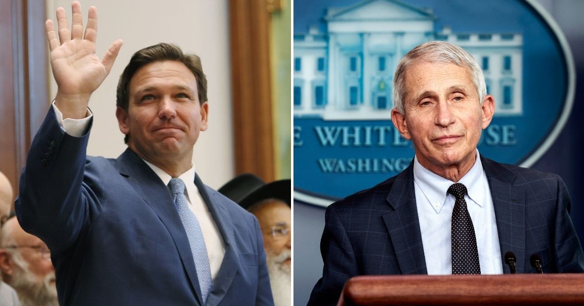 Republican Florida Gov. Ronald DeSantis, left, said Tuesday that Florida will not revise its pandemic policies and succumb to "Fauci-ism," referencing Dr. Anthony Fauci, in response to the omicron variant.