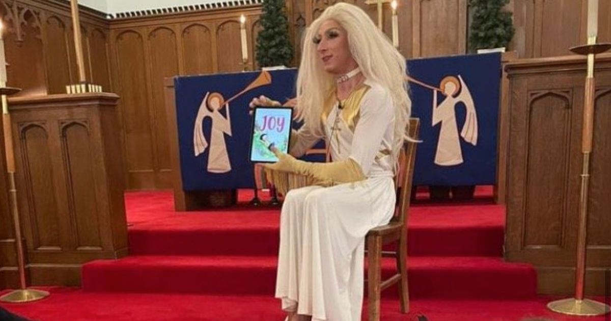 Seminarian Aaron Musser dresses up in drag to read a book in St. Luke’s Lutheran Church of Logan Square in Chicago, Illinois.
