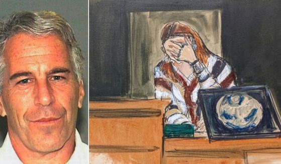 At right, a courtroom sketch shows a woman identified as Carolyn breaking down on the witness stand while testifying about her traumatic experiences with Jeffery Epstein, left, during the Ghislaine Maxwell sex abuse trial in New York on Tuesday.