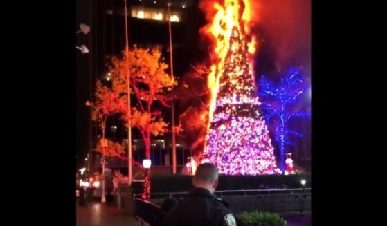 The Christmas tree standing outside the Fox News building is set on fire late Tuesday night.