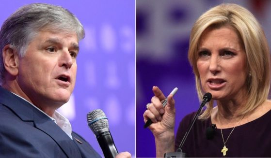 At left, Fox News host Sean Hannity speaks onstage during Politicon at the Music City Center in Nashville, Tennessee, on Oct. 26, 2019. At right, Fox News host Laura Ingraham speaks during the Conservative Political Action Conference in National Harbor, Maryland, on Feb. 28, 2019.