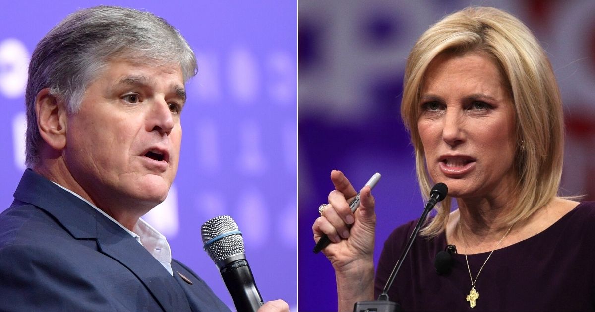 At left, Fox News host Sean Hannity speaks onstage during Politicon at the Music City Center in Nashville, Tennessee, on Oct. 26, 2019. At right, Fox News host Laura Ingraham speaks during the Conservative Political Action Conference in National Harbor, Maryland, on Feb. 28, 2019.