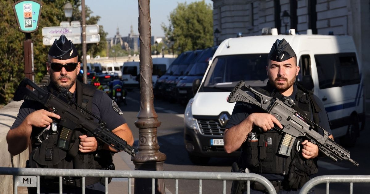 French Gendarmes officers stand guard outside the Palais de Justice in Paris on Sept. 8 ahead of trial of the defendants in the Nov. 13, 2015, Paris terrorist attacks that killed 129 people.