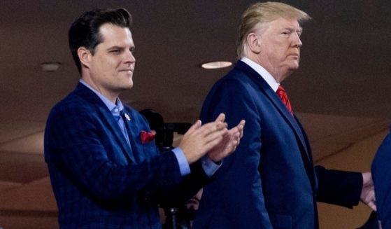 Florida Rep. Matt Gaetz is seen with then-President Donald Trump in a file photo attending the World Series in Washington, D.C. together in October 2019. Gaetz was asked by a reporter this week whether he would be in favor of Trump being elected Speaker of the House. Gaetz said he would support the idea.