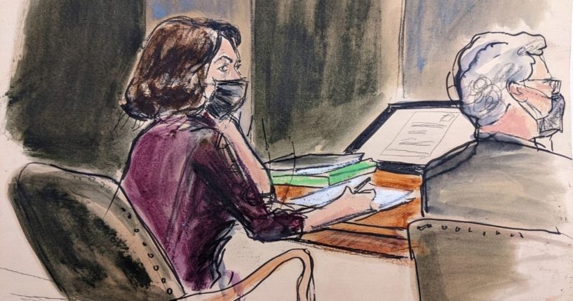 In this courtroom sketch, Ghislaine Maxwell, left, sits at the defense table with defense attorney Jeffrey Pagliuca while listening to testimony in her sex abuse trial on Thursday in New York.