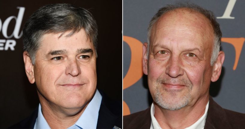 At left, Fox News hosts Sean Hannity attends a media event in New York on April 12, 2018. At right, Nick Searcy attends the premiere of "The Best of Enemies" at AMC Loews Lincoln Square in New York on April 4, 2019.