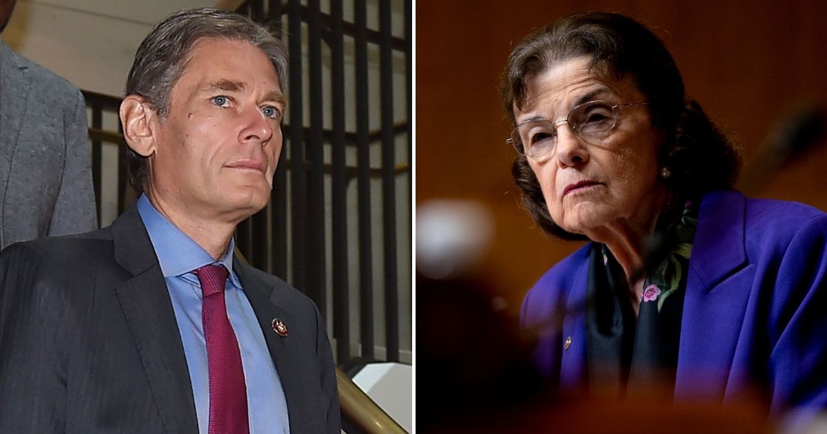 Democratic Rep. Tom Malinowski, left, and Democratic Sen. Dianne Feinstein were both accused of violating the STOCK Act, along with 12 other members of Congress.