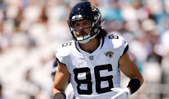 Jacob Hollister, #86 of the Jacksonville Jaguars, in action against the Arizona Cardinals at TIAA Bank Field on Sept. 26 in Jacksonville, Florida.