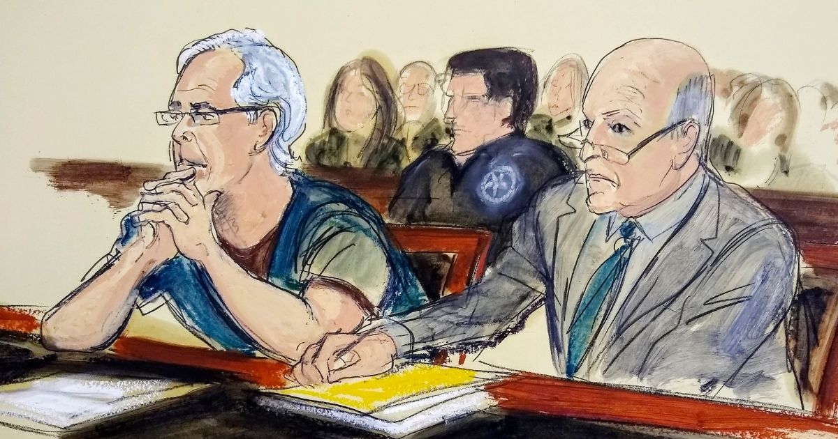A court sketch shows Jeffrey Epstein, left, and his lawyer Martin Weinberg, right, listening during a bail hearing in New York City on July 15, 2019.