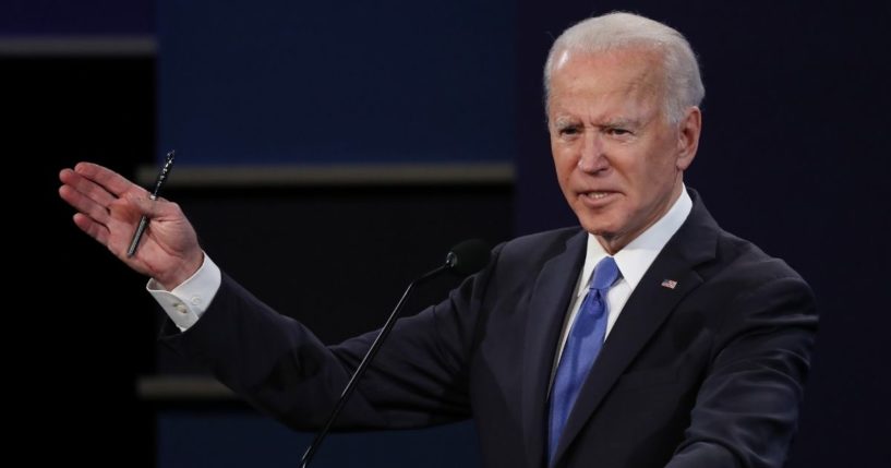 Then-Democratic presidential nominee Joe Biden participates in the final presidential debate against then-President Donald Trump at Belmont University on Oct. 22, 2020, in Nashville, Tennessee.