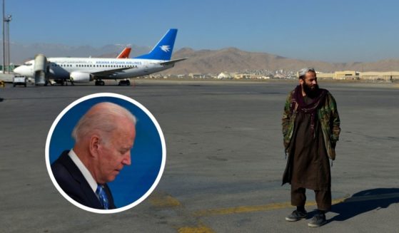 President Joe Biden is seen at the White House in Washington, D.C., on Monday. A member of the Taliban stands on the runway at the Kabul airport in Afghanistan on Dec. 8.