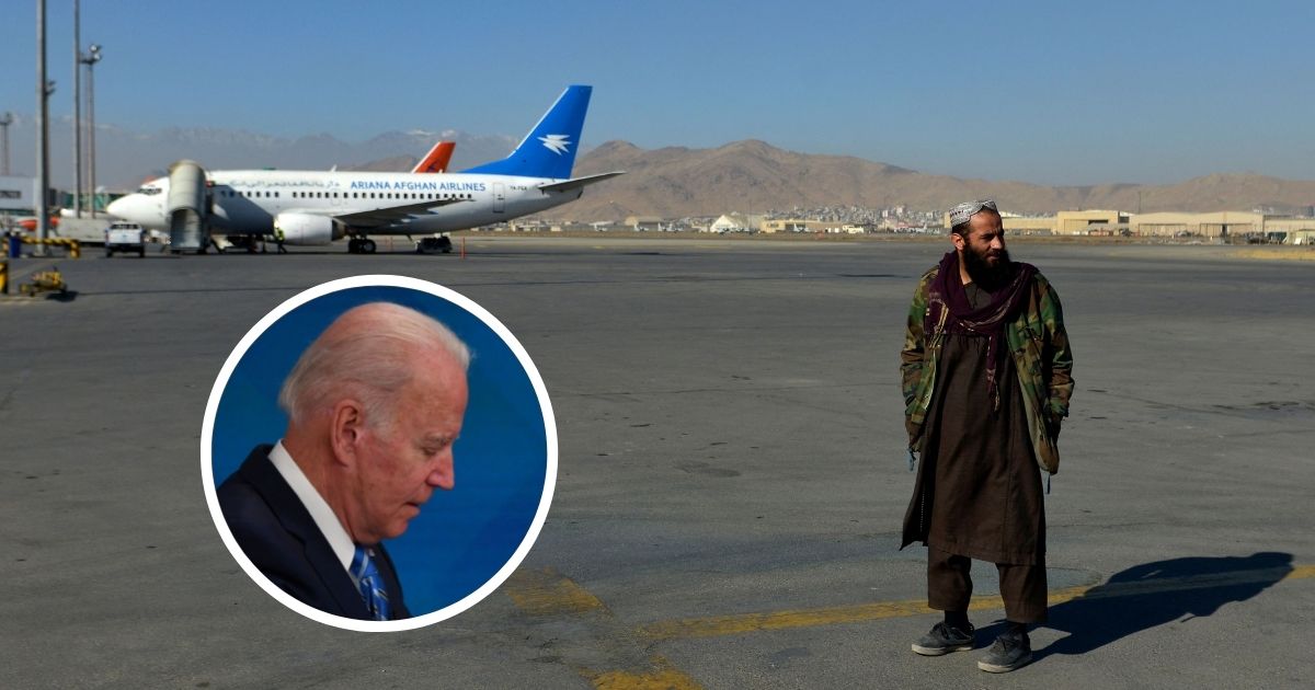 President Joe Biden is seen at the White House in Washington, D.C., on Monday. A member of the Taliban stands on the runway at the Kabul airport in Afghanistan on Dec. 8.