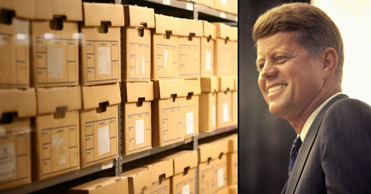 Boxes of documents are seen in the stock image on the left. John F. Kennedy speaks during a campaign appearance in October 1960 in Cleveland.