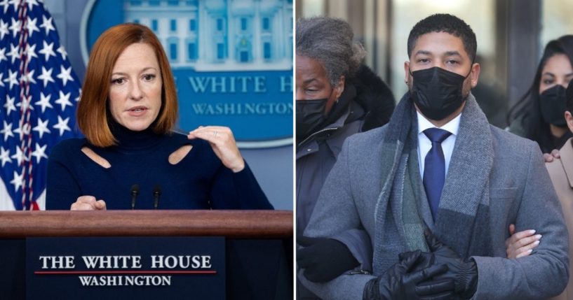 White House press secretary Jen Psaki, left, holds a news briefing at the White House in Washington, D.C., on Friday. Jussie Smollett leaves the Leighton Criminal Court Building on Wednesday in Chicago.