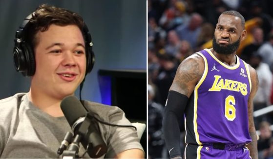 Kyle Rittenhouse, left, speaks during an interview on BlazeTV's "You Are Here" podcast on Monday. LeBron James of the Los Angeles Lakers plays against the Indiana Pacers at Gainbridge Fieldhouse on Nov. 24 in Indianapolis.