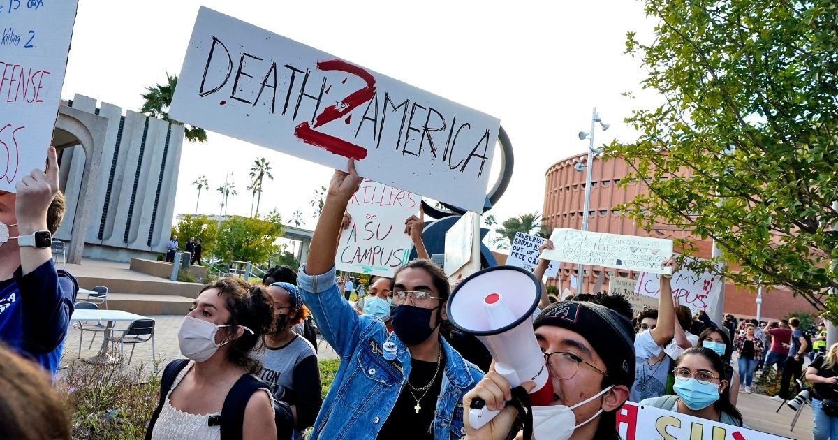 Students for Socialism held a protest on the Arizona State University Campus in Tempe, Arizona, on Dec. 1 to voice their displeasure in Kyle Rittenhouse attending the university after he was acquitted of all charges for an incident in Kenosha, Wisconsin, in August 2020.