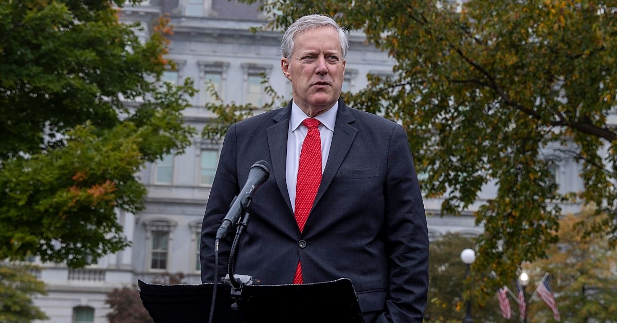White House Chief of Staff Mark Meadows talks to reporters at the White House on Oct. 21, 2020, in Washington, D.C.