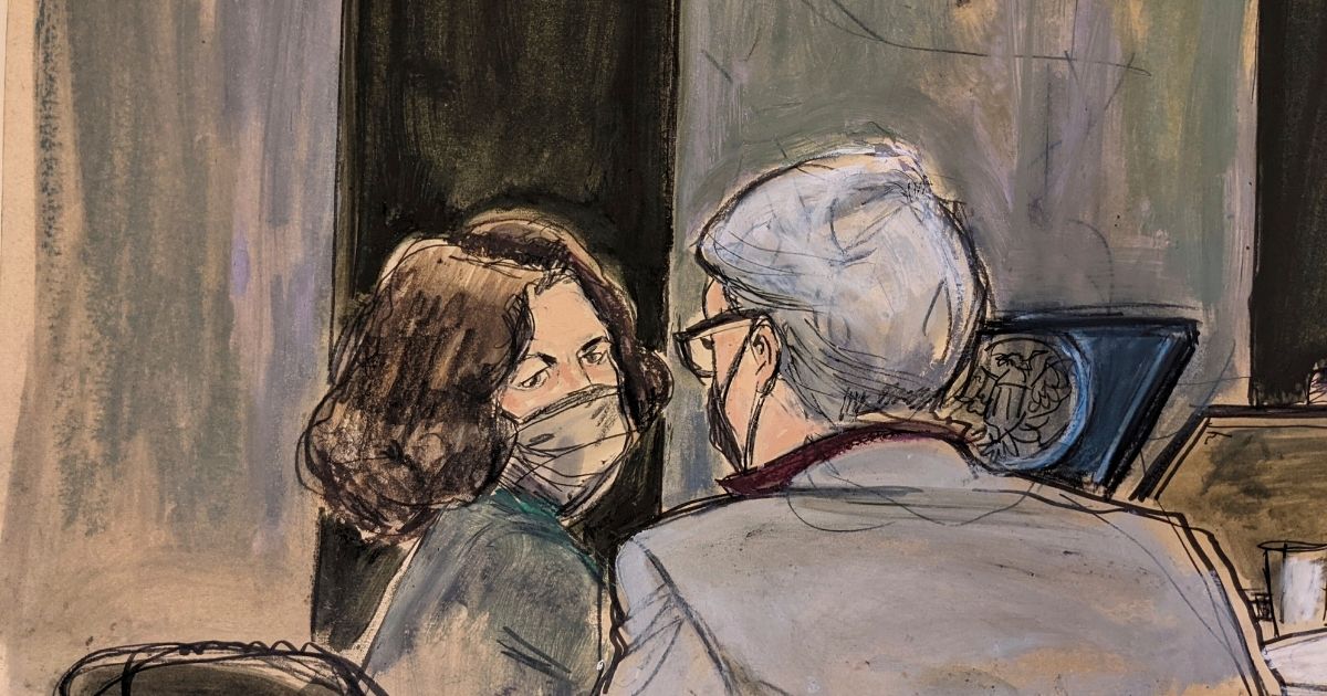 This courtroom sketch depicts Ghislaine Maxwell, left, conferring with her defense attorney Bobbi Sternheim, right, before the start of the trial on Dec. 9.