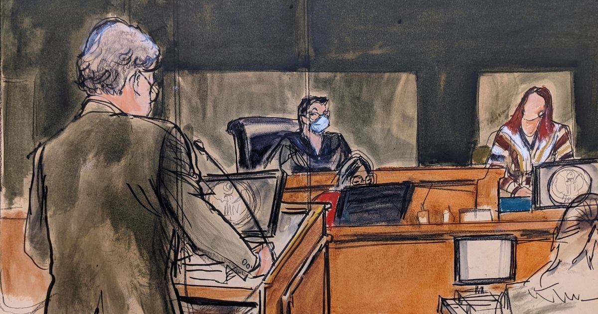A courtroom sketch shows defense attorney Jeffrey Pagliuca, left, as he cross examines victim Carolyn during Ghislaine Maxwell's trial in New York City on Tuesday.