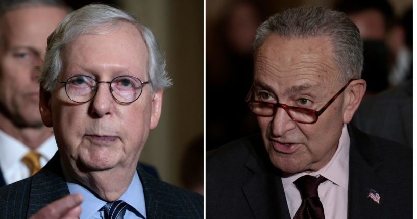 Senate Minority Leader Mitch McConnell of Kentucky, left, and Senate Majority Leader Chuck Schumer of New York speak at a news conference Dec. 7 in Washington, DC. McConnell on Tuesday agreed to vote to lift the debt ceiling by $2.5 trillion.