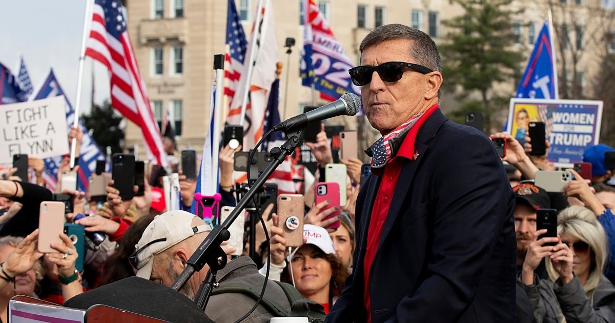 Michael Flynn speaks during a protest outside the Supreme Court on Dec. 12, 2020, in Washington, D.C.