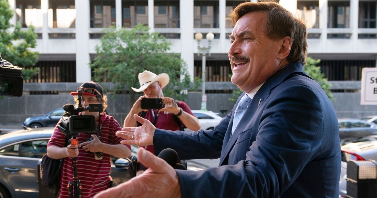 Mike Lindell, CEO of MyPillow talks to reporters outside of a federal courthouse in Washington, D.C., on June 24.