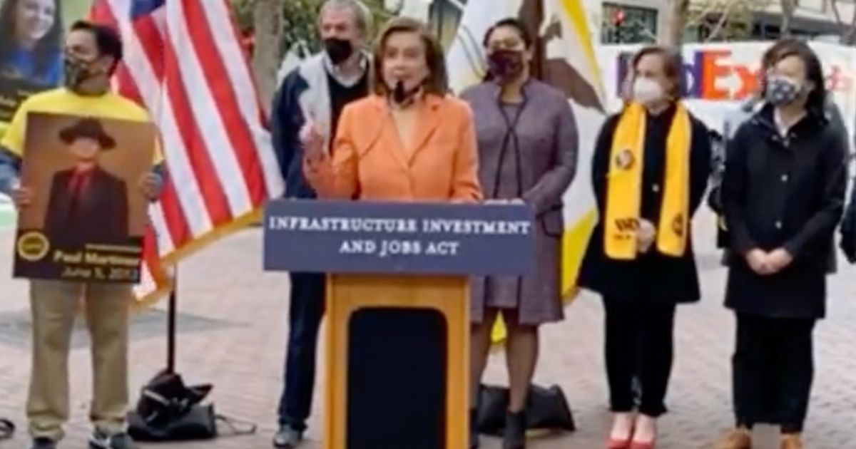 Democratic Speaker of the House Nancy Pelosi gives a speech in San Francisco, California, on Monday, which was interrupted by a man yelling, "Let's go, Brandon."
