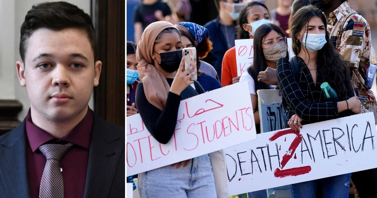Kyle Rittenhouse, left, has announced plans to attend Arizona State University in person for the spring semester. However, some ASU students object to the prospect of sharing the campus with the teen, who was recently acquitted of murder charges for shooting 3 men in self-defense during 2020 riots in Wisconsin. The ASU Students for Socialism, right, are seen at a Dec. 1, 2021, campus protest demanding Rittenhouse be expelled.