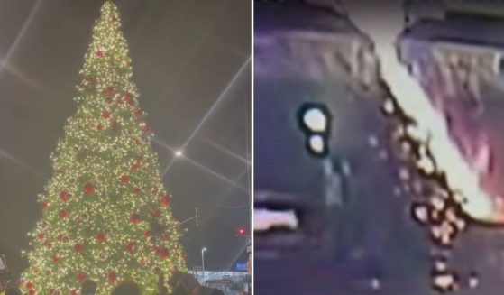 A Christmas tree is seen at Saturday night's tree-lighting event in the village of Washington Park, Illinois, left, and again hours later on surveillance video as it began to burn early Sunday morning.