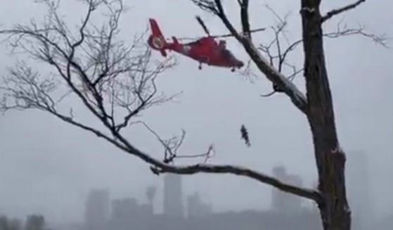 A Coast Guard rescuer is raised toward a helicopter with the occupant of a car that ended up in the frigid river a short distance from Niagra Falls.