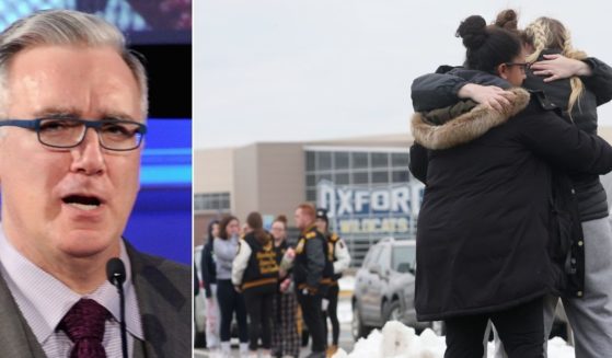 Keith Olbermann, left, drew criticism for his comments about the shooting Tuesday at Oxford High School in Oxford, Michigan. At right, students console one another on Wednesday.